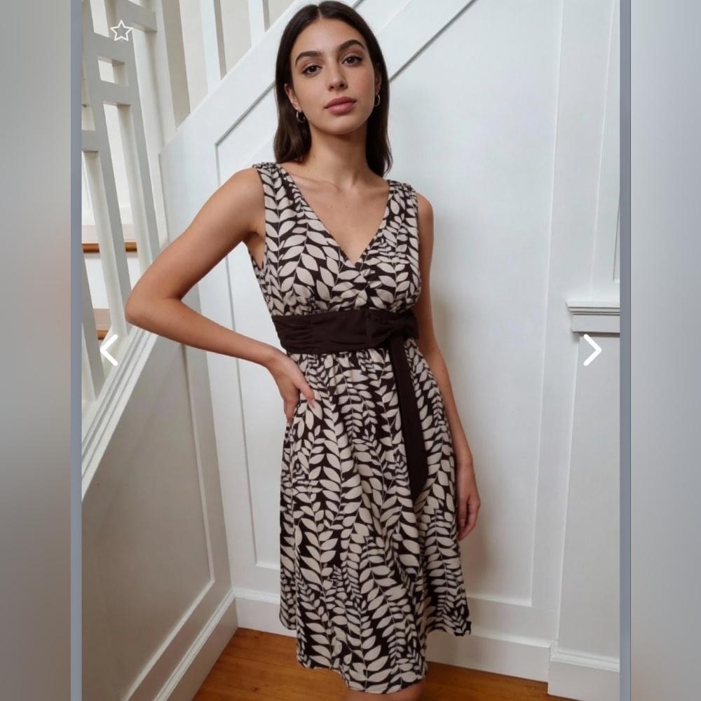 Laurel leaf cream & brown sleeveless flowy wrap neckline stretchy dress